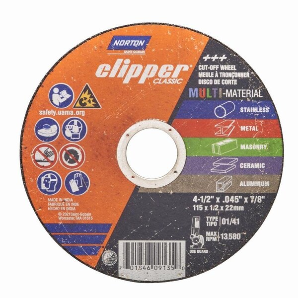 Norton Door Controls Norton Clipper 4-1/2 in. D X 7/8 in. Aluminum Oxide/Silicon Carbide Classic Cut-Off Wheel 1 pk 70184609135 - main